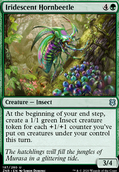 Iridescent Hornbeetle feature for +1/+1 Landfall Insects